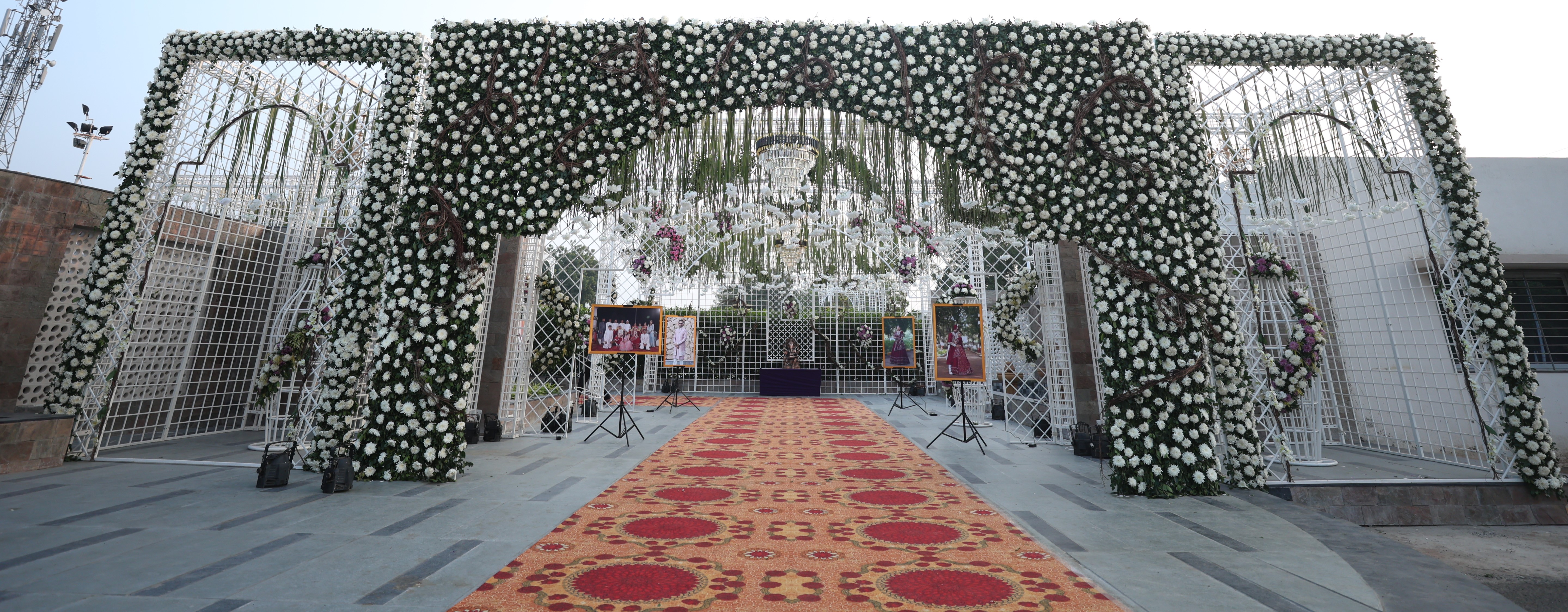 Grand entrance gate decoration at Upvan Party Plot